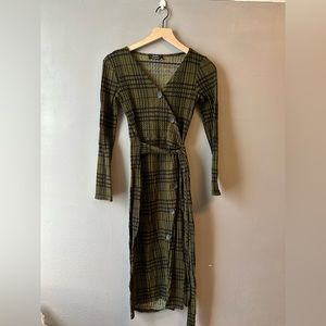 Deep Olive Green Bershka Checkered Midi Dress